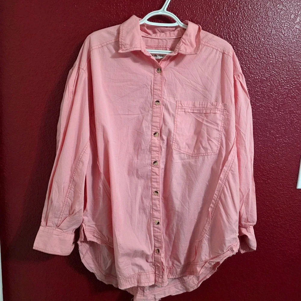 Free People We The Free Womens Large Happy Hour Poplin Top Pink Oversized Button